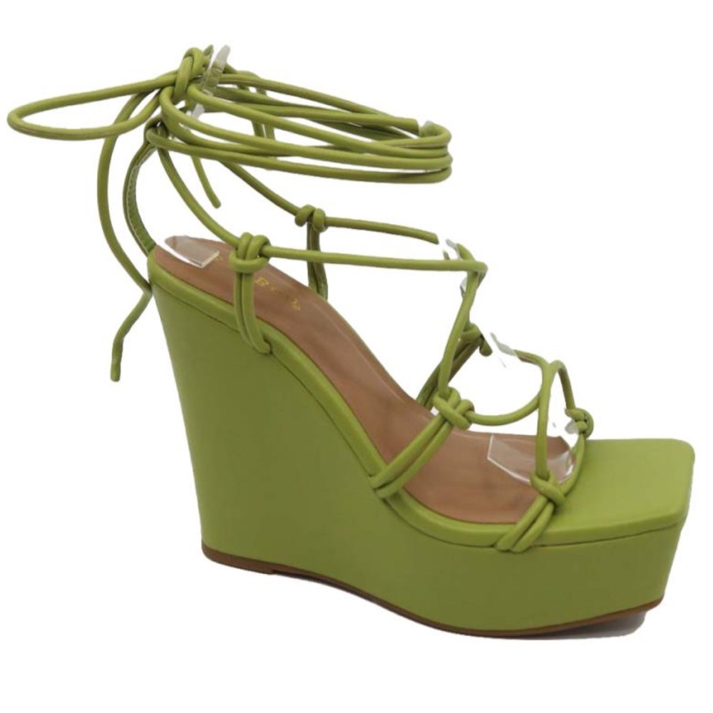 COPY - BAMBOO Green Wedge Sandals with Ankle Wrap